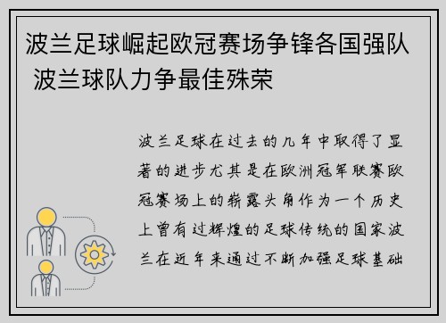波兰足球崛起欧冠赛场争锋各国强队 波兰球队力争最佳殊荣