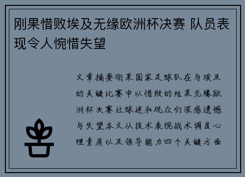 刚果惜败埃及无缘欧洲杯决赛 队员表现令人惋惜失望